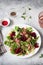 Healthy fresh salad. Beetroot, red chard and canned tuna salad. Healthy Meal recipe preparation. Plant-based dishes. Green living