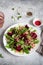 Healthy fresh salad. Beetroot, red chard and canned tuna salad. Healthy Meal recipe preparation. Plant-based dishes. Green living