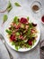 Healthy fresh salad. Beetroot, red chard and canned tuna salad. Healthy Meal recipe preparation. Plant-based dishes. Green living