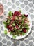 Healthy fresh salad. Beetroot, red chard and canned tuna salad. Healthy Meal recipe preparation. Plant-based dishes. Green living