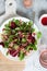 Healthy fresh salad. Beetroot, red chard and canned tuna salad. Healthy Meal recipe preparation. Plant-based dishes. Green living