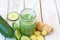 Healthy fresh smoothie drink from gree cucumber and ginger