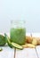 Healthy fresh smoothie drink from gree cucumber and ginger