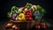 Healthy of Fresh Vegetables a farmer a basket of freshly harvested vegetables.The vibrant assortment of broccoli, tomatoes, and