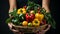 Healthy of Fresh Vegetables a farmer a basket of freshly harvested vegetables.The vibrant assortment of broccoli, tomatoes, and