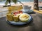 Healthy fruit breakfast on the sunny beach