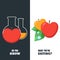 Healthy and gmo food concept. Vector illustration of organic apple and flask with pesticides and chemicals.