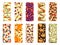 Healthy granola bars. Isolated honey bar with nuts cereal and dried fruits. Muesli cookies, protein energy snacks with