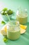 Healthy green smoothie with spinach mango banana in glass jars