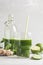 Healthy green vegetable detox juice. Vegan cucumber, parsley green juice. Copy space