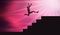 Healthy Guy Doing A Big Jump Over Stairs at Beautiful Sunset. Young man Jumping to the Highest Stair.