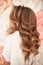 Healthy hair. Wavy long hairstyle. Back view of Blond hair styling. Wedding day. Bride. High Fashion Coiffure. Close Up of Hairdo