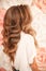 Healthy hair. Wavy long hairstyle. Back view of Blond hair styling. Wedding day. Bride. High Fashion Coiffure. Close Up of Hairdo