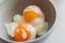 Healthy half boil egg on a bowl