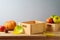 Healthy harvest and autumn season concept with empty wooden box and  fall  fruits, vegetables.