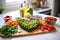 healthy heart-shaped salad on a vibrant kitchen counter