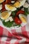 healthy hearty diet salad of products with a low glycemic index of arugula greens and spinach eggs