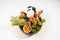 healthy herbs set in wood bowl white background