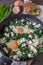 Healthy home made Green shakshuka. Fried eggs with wild galic and feta cheese