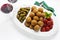 Healthy Italian Appetizer Tray with Risotto balls Arancini , Green Olives , Tomato and red Wine. Party Celebration Wedding