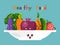 Healthy joyful food cartoon vegetables character isolated on blue vector illustration. Cheerful carrot cucumber onion
