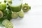 Healthy Juice. Green smoothie, Organic and Fresh green vegetable for detox, diet and weight loss on the wood white background,