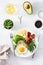 Healthy keto breakfast: egg, avocado, cheese, bacon