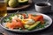 Healthy keto breakfast with eggs, salmon and avocado on a plate, restaurant serving. Generative AI