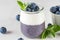 Healthy layered blueberry chia pudding with coconut yogurt with fresh berries and mint in a glass. Vegan breakfast