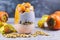 Healthy layered smoothie in glass with chia seeds pudding, mixed with granola and topped with orange persimmon and physalis fruits