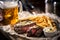 Healthy lean grilled medium-rare steak with french fries, beer