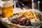 Healthy lean grilled medium-rare steak with french fries, beer