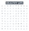 Healthy life vector line icons set. Wellness, Exercise, Nutrition, Hydration, Balance, Joy, Relaxation illustration