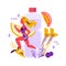 Healthy lifestyle concept with running woman in sport outfit, big water bottle, health nutrition, fruits, celery, banana