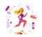 Healthy lifestyle concept with running woman in sport outfit, smartphone with fitness app interface, earphones, smart watch, yoga