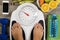 Healthy lifestyle concept with womanâ€™s feet having perfect weight on bathroom scale