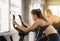 Healthy lifestyle concept,Young teen woman workout with cycling doing cardio training indoor center,Close up