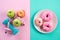 Healthy lifestyle, food and sport concept. Top view of healthy versus unhealthy. donut versus measuring tape with athlete`s