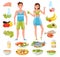 Healthy Lifestyle with Slim Man and Woman with Plenty of Balanced Nutrition and Food Around Vector Set