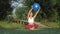 Healthy lifestyle, sports beautiful female doing exercises for hands muscles with large fitness ball sitting on green