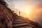 healthy lifestyle sports woman running up on stone stairs on a cliff at sunrise, neural network generated image