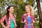 Healthy lifestyle women laughing hiking in forest