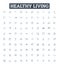 Healthy living vector line icons set. Nutrition, Exercise, Hydration, Sleep, Stress, Meditation, Immunity illustration