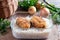 Healthy lunch container on a wooden table. Rice and fish