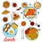 Healthy lunch icon with main dishes and desserts