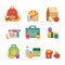 Healthy lunch in plastic box. Lunchbox for kids. Vector illustration set isolate on white background