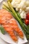 Healthy meal. Grilled salmon steak and vegetables on white table, top view