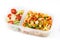 Healthy meal prep container with pasta salad with turkey and vegetables is