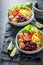 Healthy Mexican salad with meatballs, beans, groats and pepper