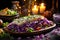 Healthy microgreen dishes with red cabbage and mushrooms for romantic candlelit dinner